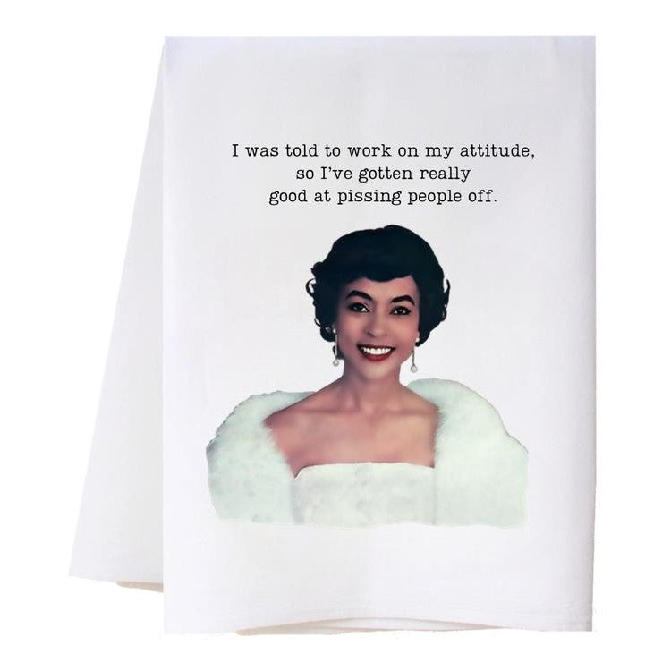 Smiling woman with humorous attitude quote on a white background.