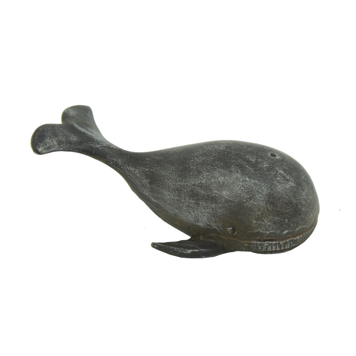 Rustic metal whale figurine on a white background.