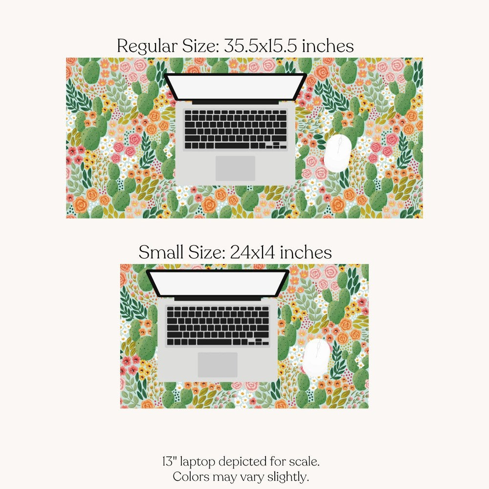 Floral mouse pad sizes: 35.5x15.5 and 24x14 inches with a laptop for scale.