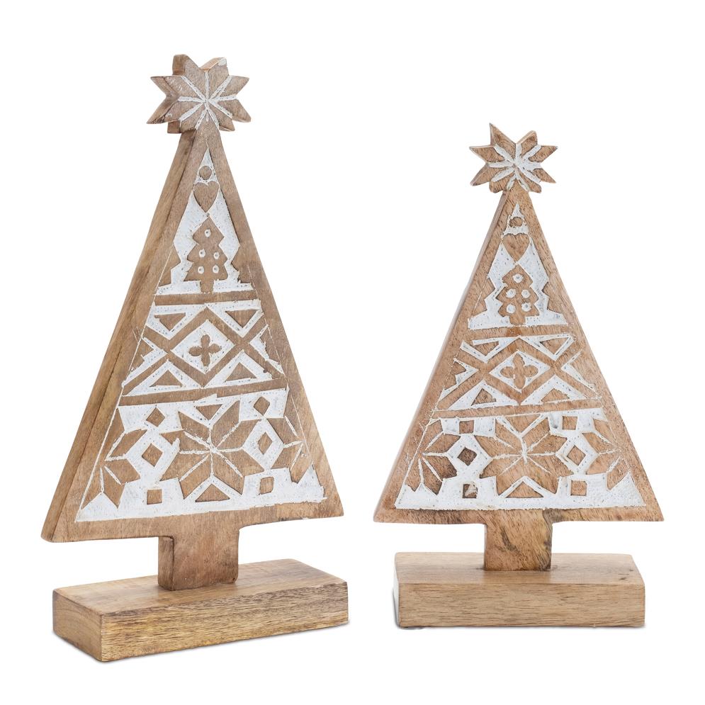 Two wooden decorative Christmas trees with geometric patterns.
