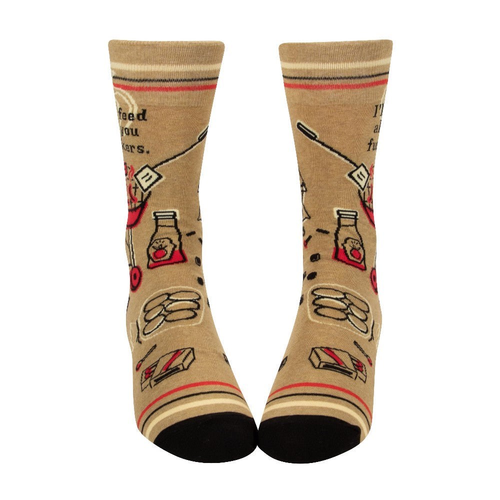 Beige socks with fun BBQ-themed illustrations and text.
