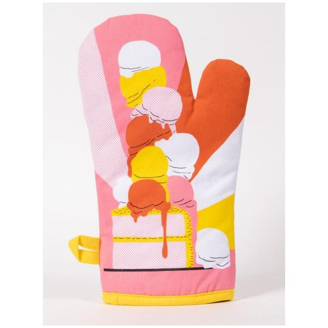 Colorful oven mitt with ice cream design on a pink background.
