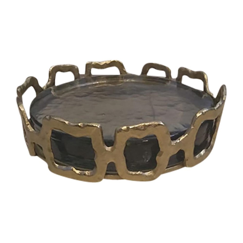 Round tray with a textured gold rim and dark base.