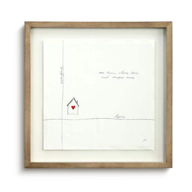 Minimalist art: house with red heart, words on love and comfort.