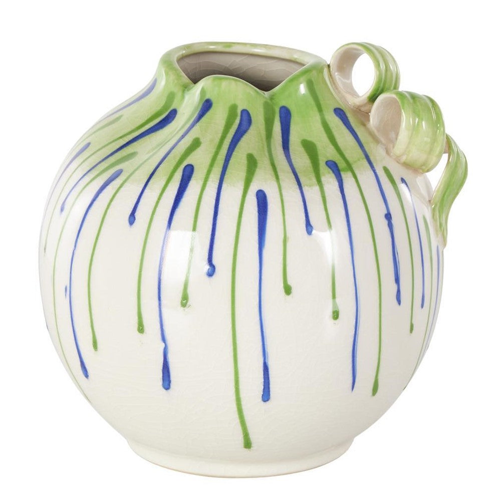 Round vase with green and blue dripping design, wavy top and curled handles.