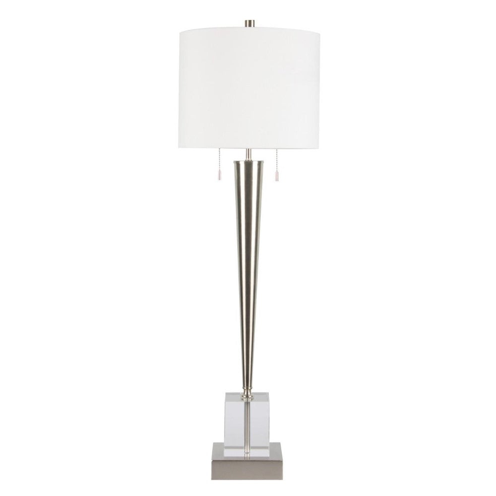 Tall, sleek table lamp with a white shade and silver base.