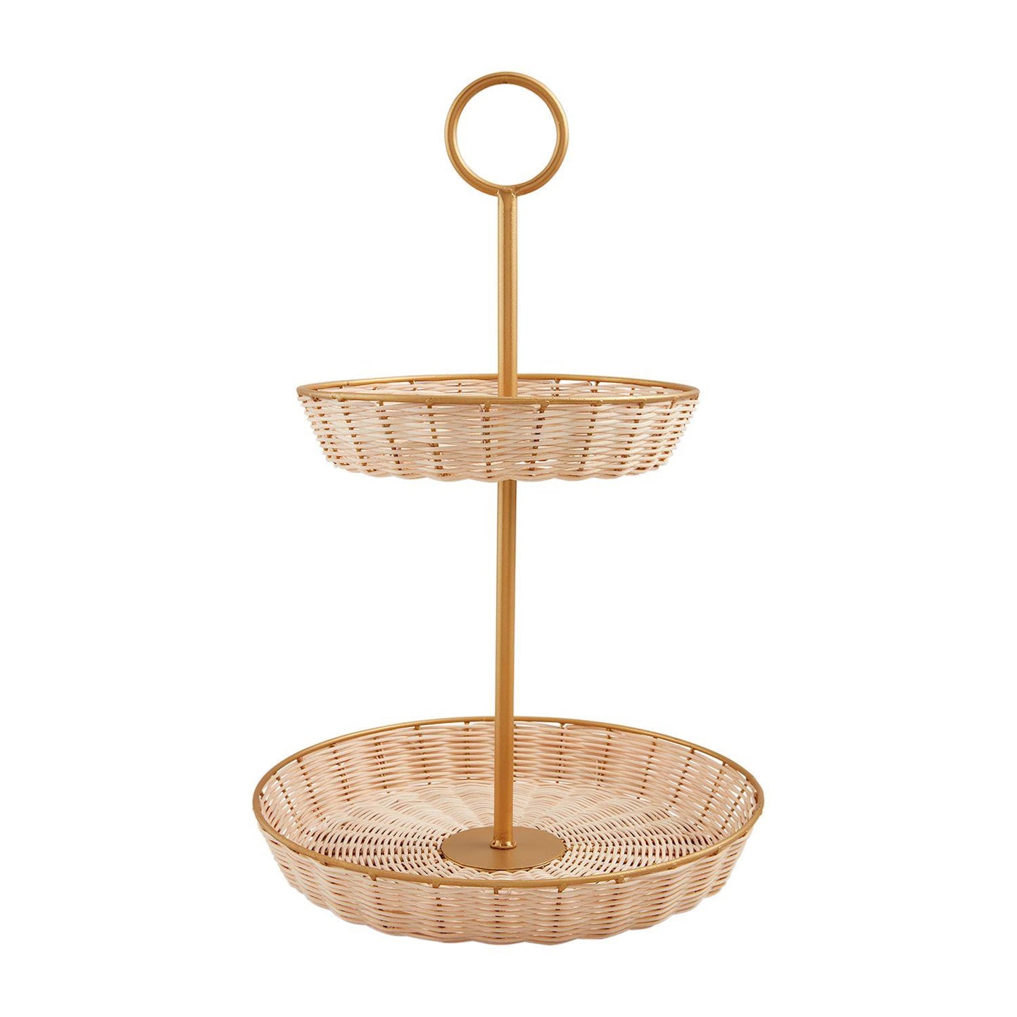 Two-tiered wicker basket stand with circular handle.