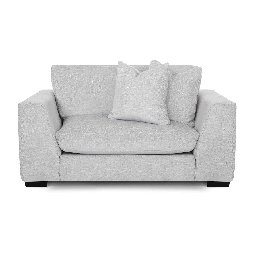 Gray loveseat with two matching cushions.
