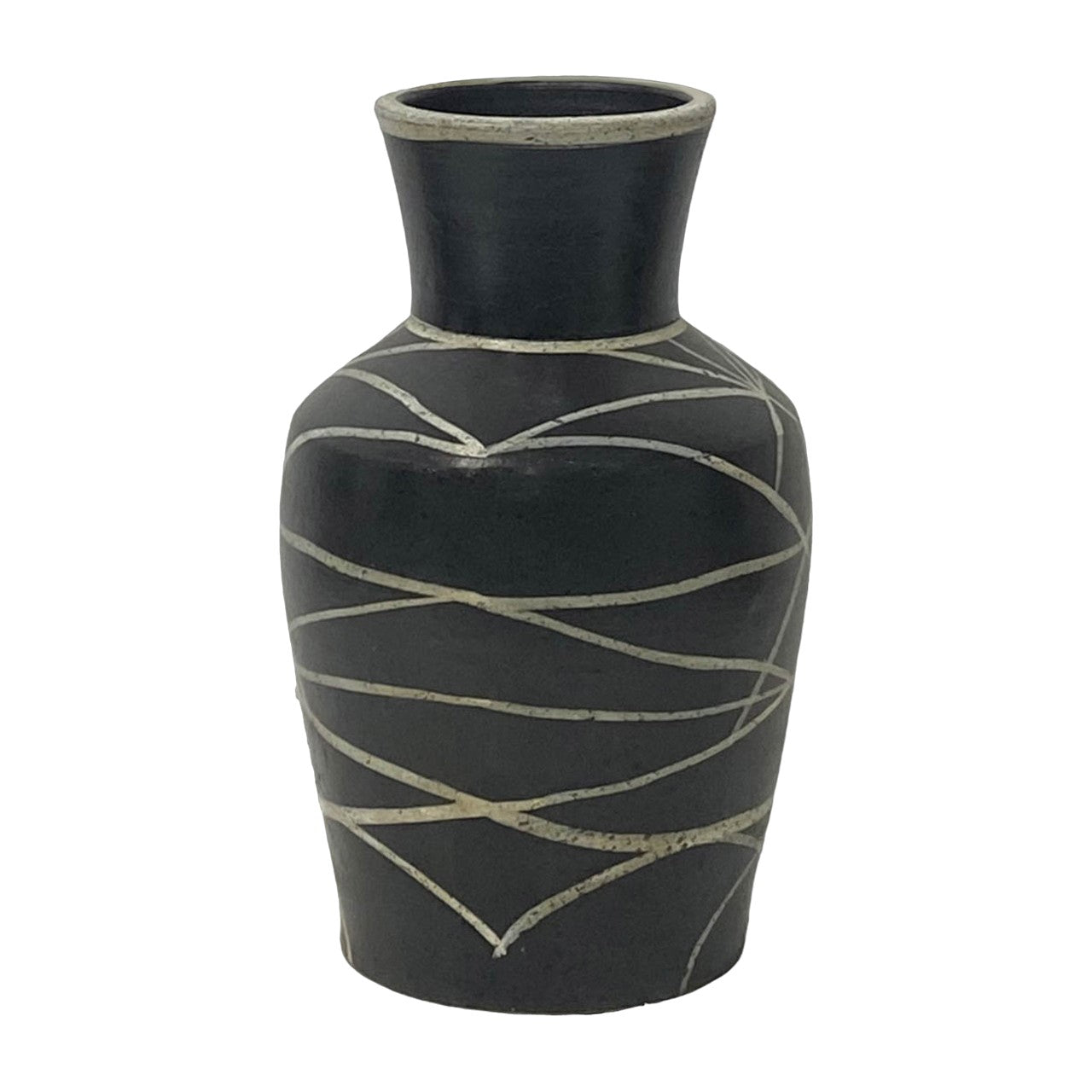 Black vase with white wavy lines, modern and elegant design.