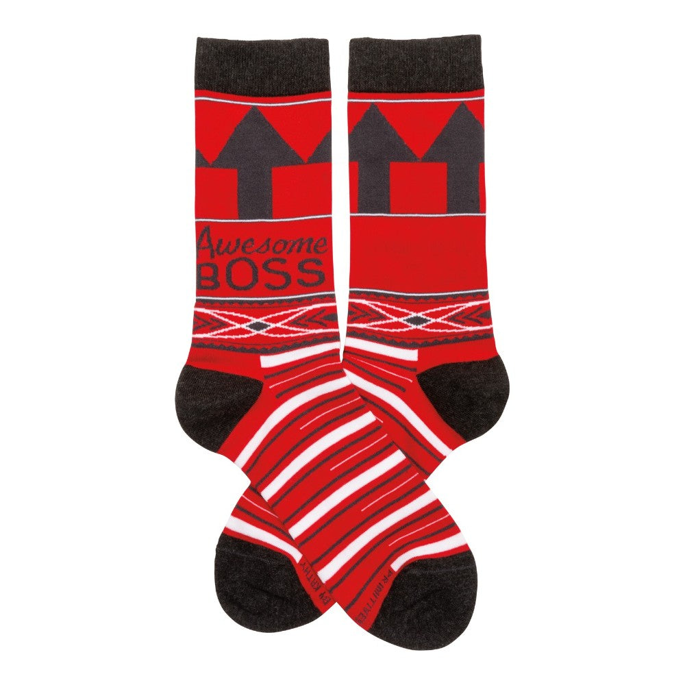 Red and black socks with "Awesome Boss" text and geometric patterns.