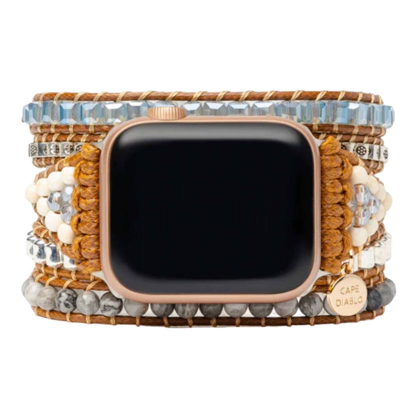 Smartwatch with a beaded, woven strap in shades of brown, blue, and white.