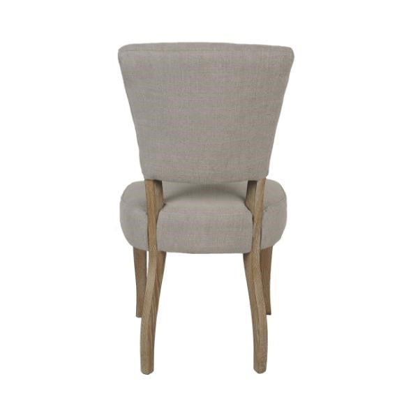 Beige upholstered chair with wooden legs, back view.