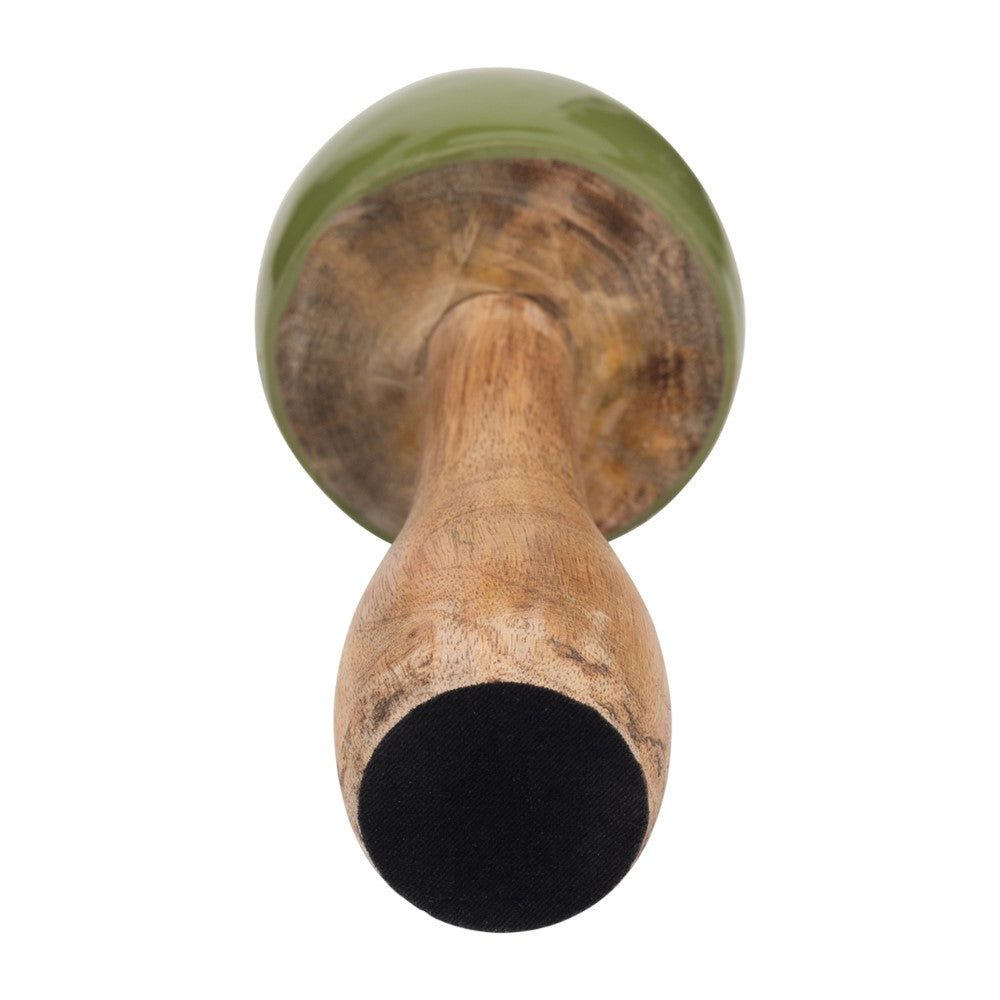 Wooden handle with a green top viewed from below.