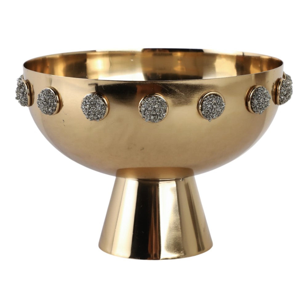 Gold chalice with textured embellishments on a pedestal.