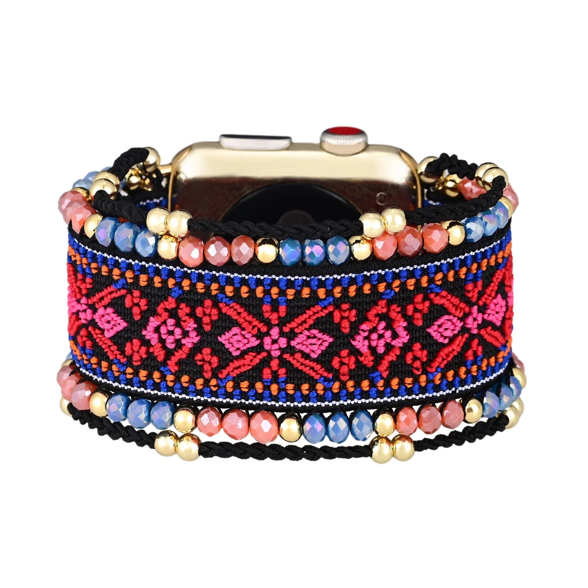 Colorful embroidered watch band with beads.