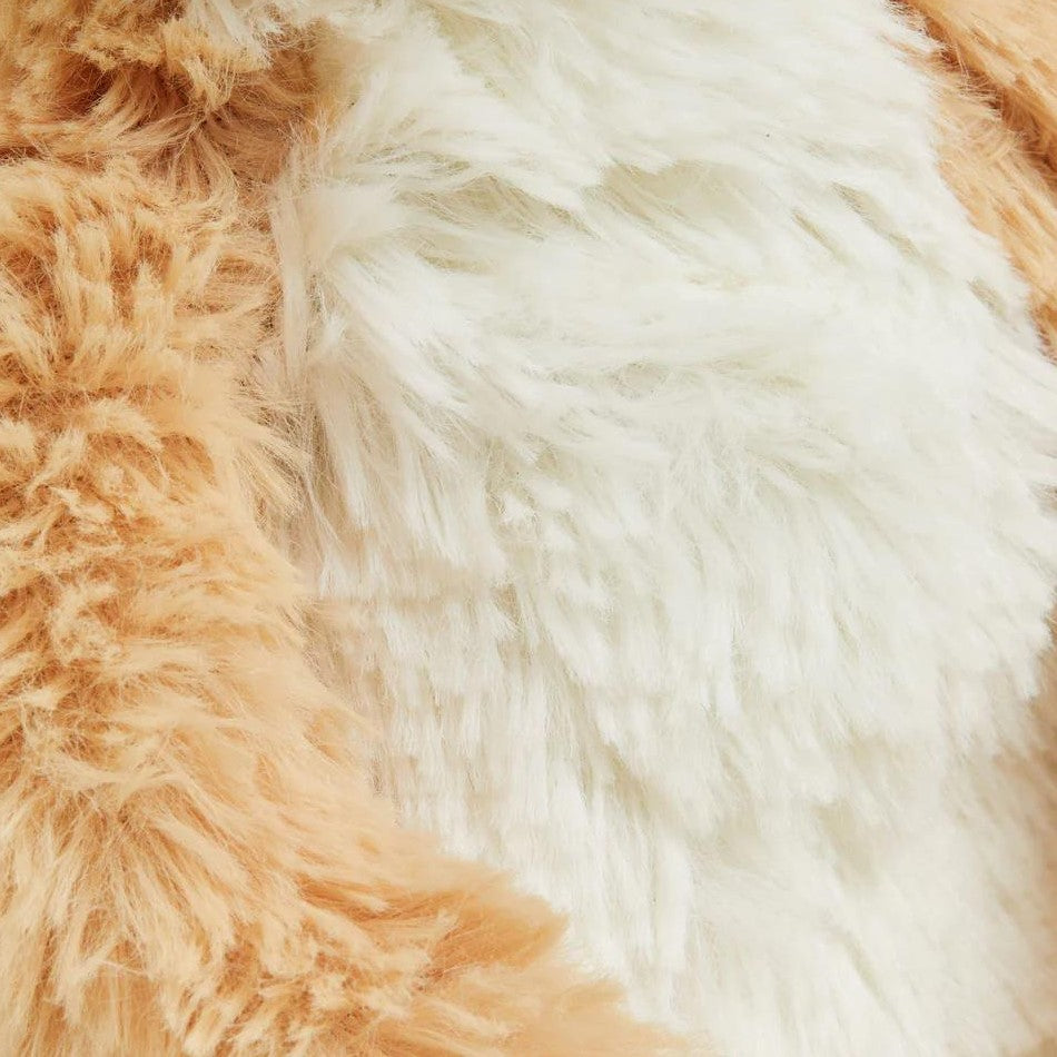 Close-up of fluffy white and orange fur texture.