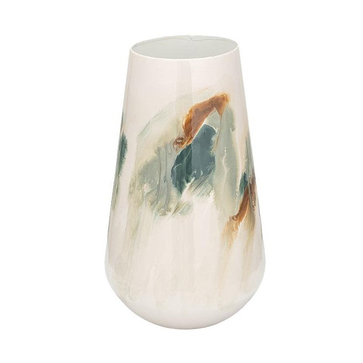 Ceramic vase with abstract earth-toned swirls.