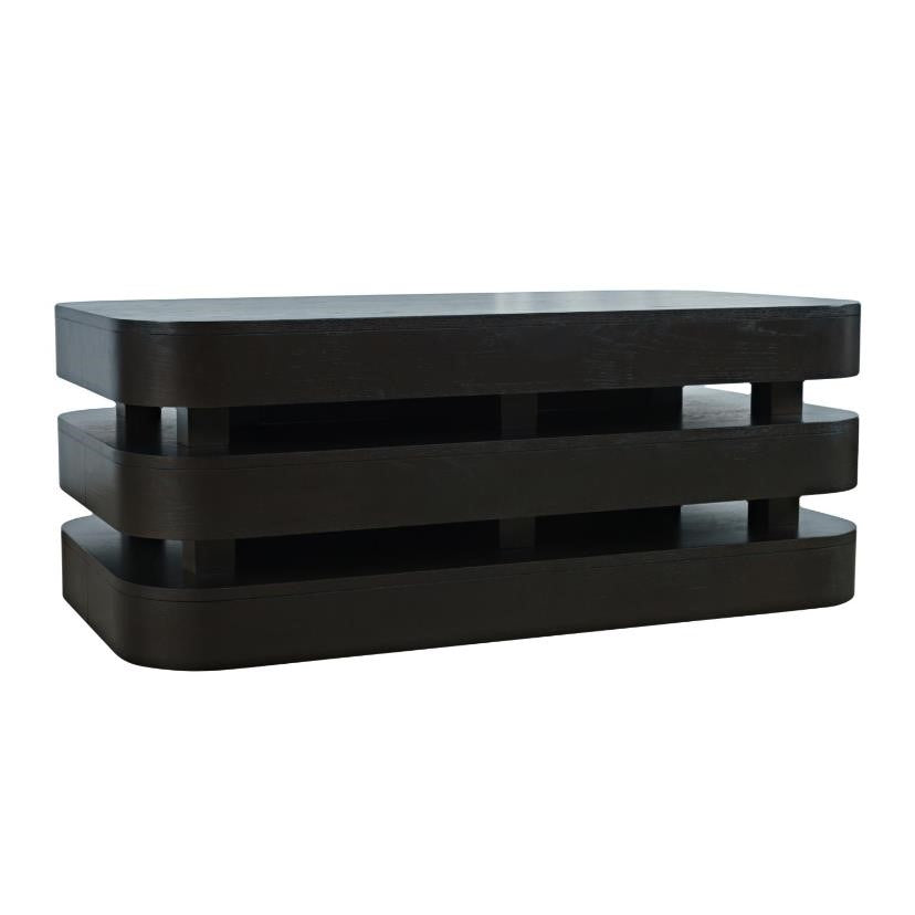 Modern dark wood layered coffee table with rounded edges.
