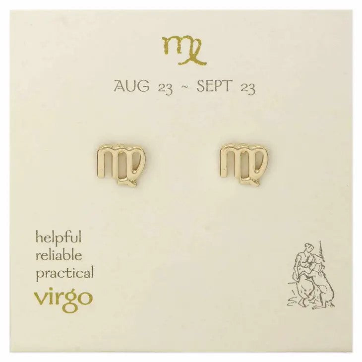 Virgo earrings with zodiac dates and traits on display card.