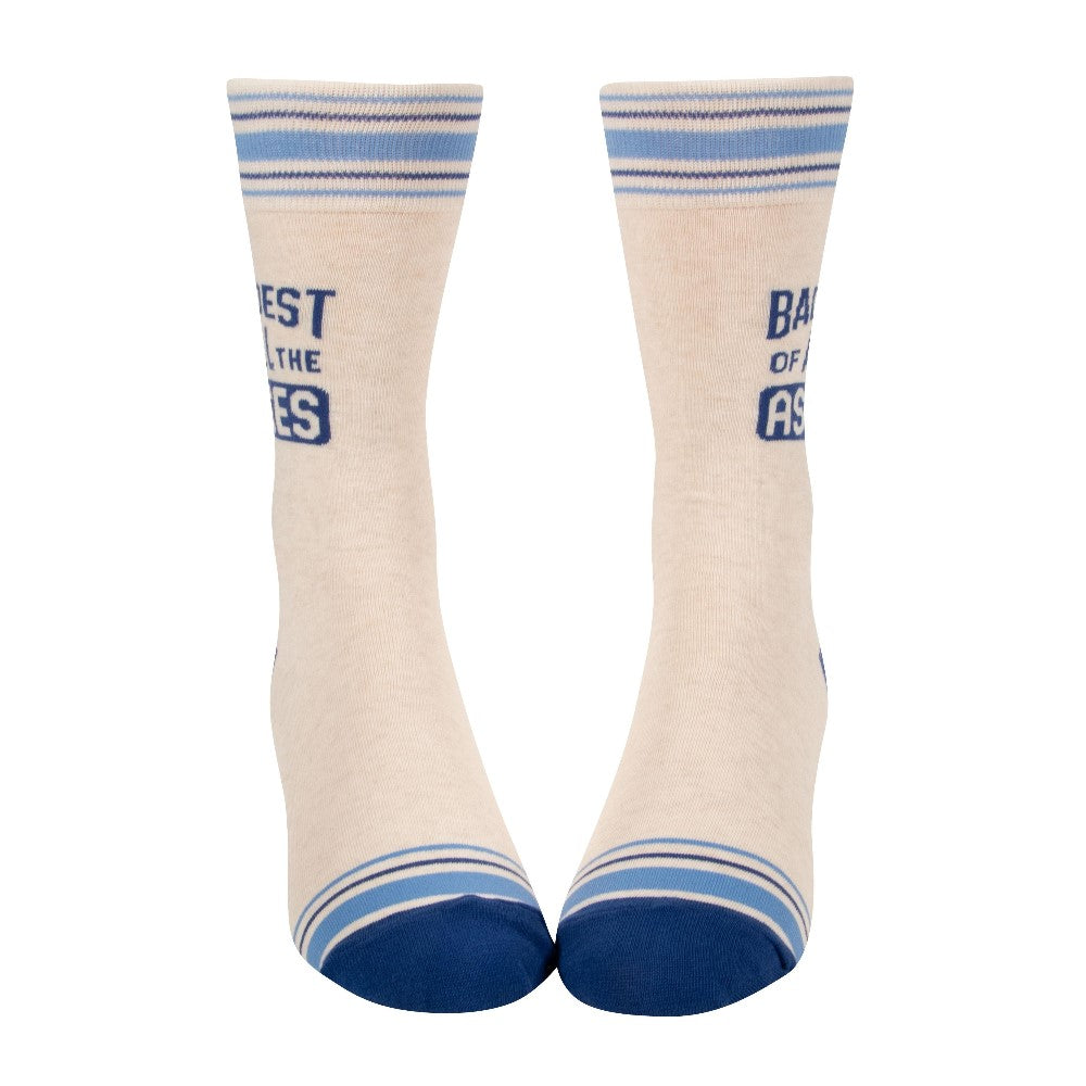 White and blue promotional cricket socks, The Ashes theme.