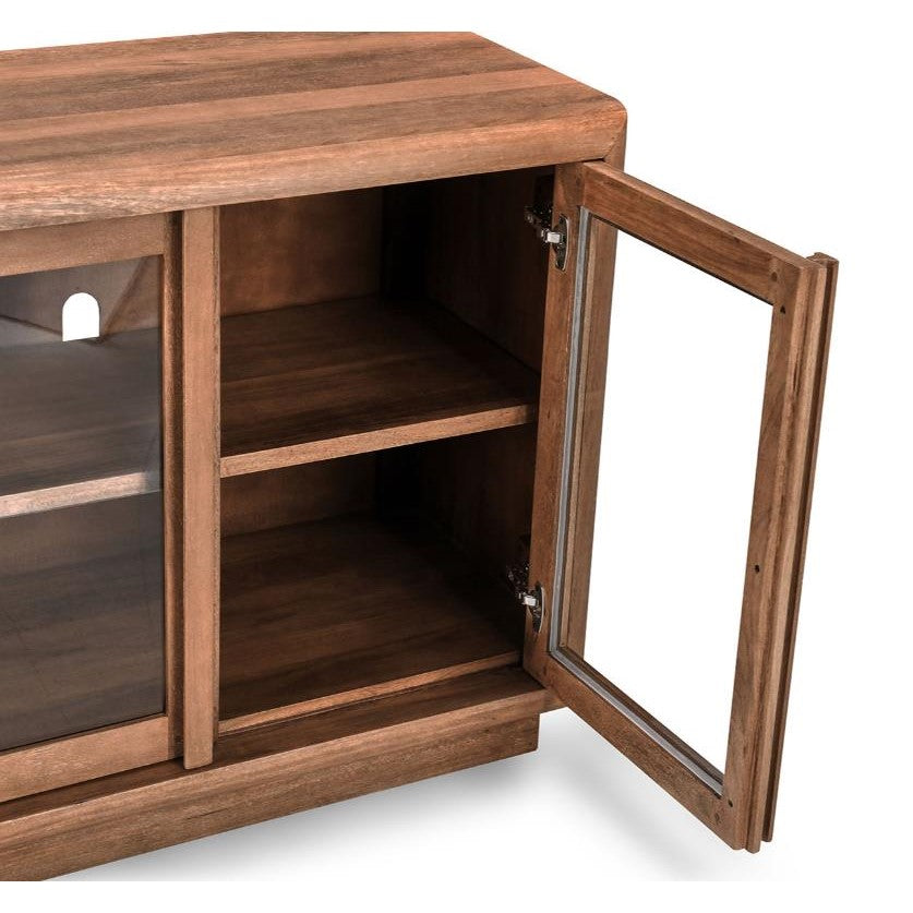 Wooden cabinet with open glass door revealing shelves.