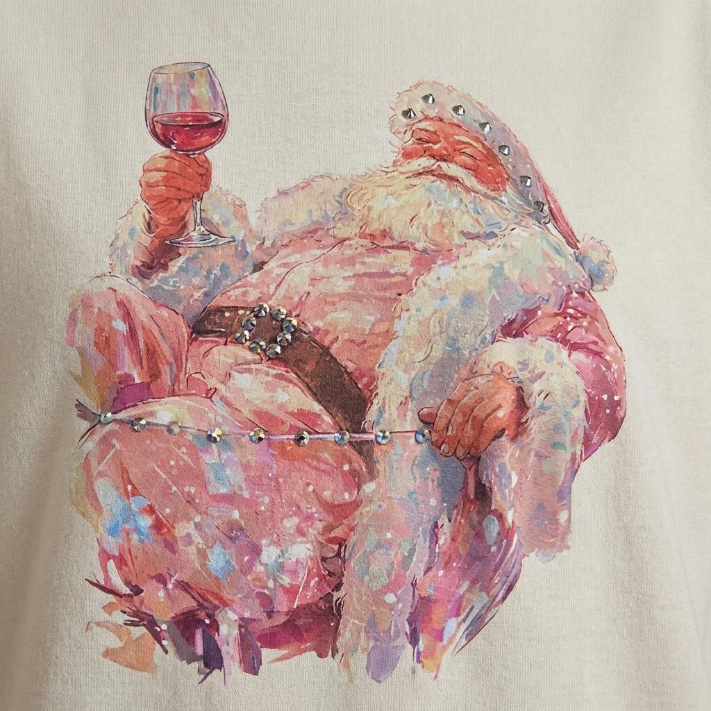 Watercolor illustration of a relaxed, richly dressed Santa holding a glass of red wine.