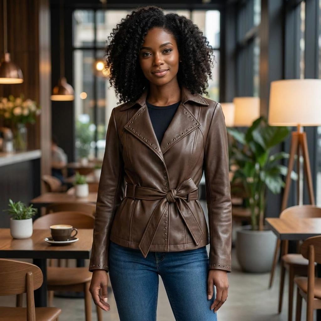 A woman in a belted brown leather jacket stands in a cozy café.