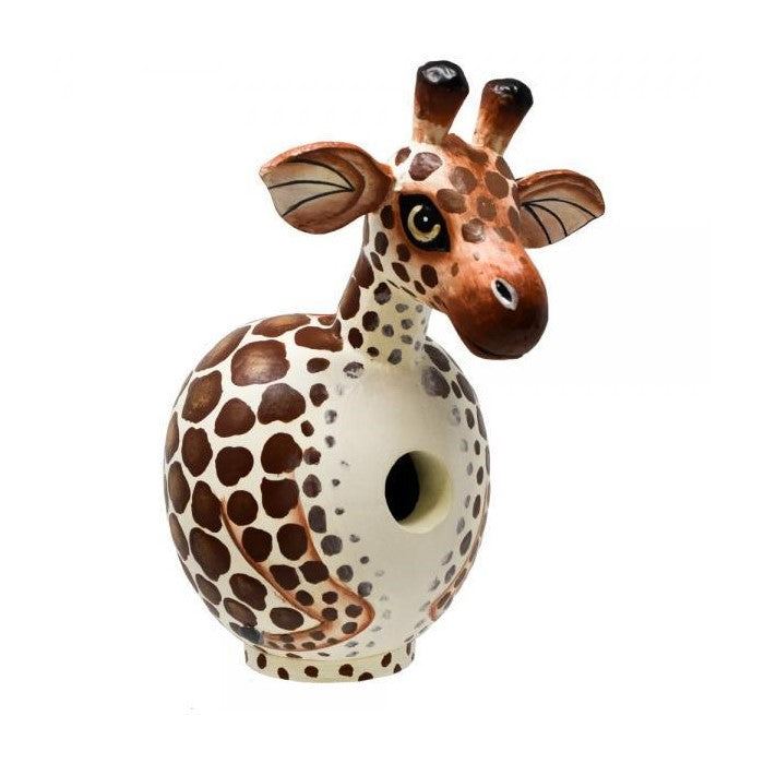 Cartoon giraffe clay ocarina with spotted pattern.