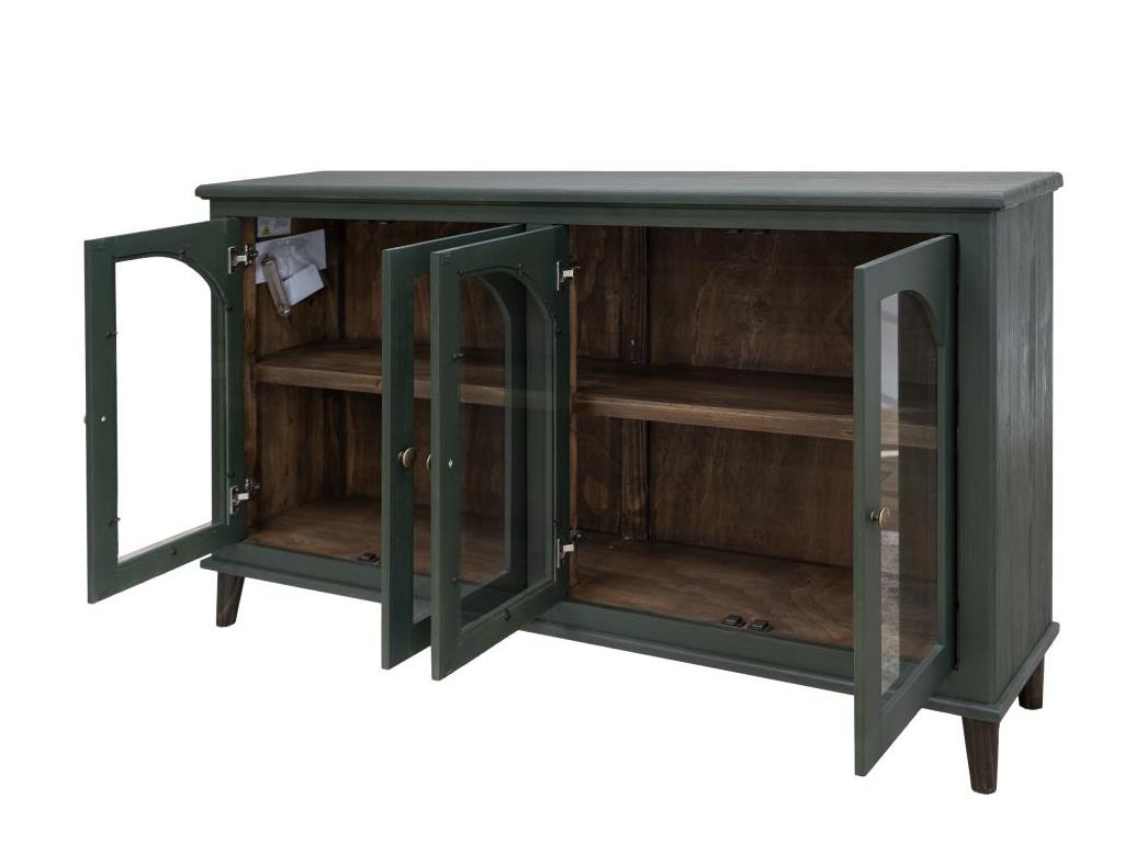 Green cabinet with glass doors open, revealing wooden shelves inside.