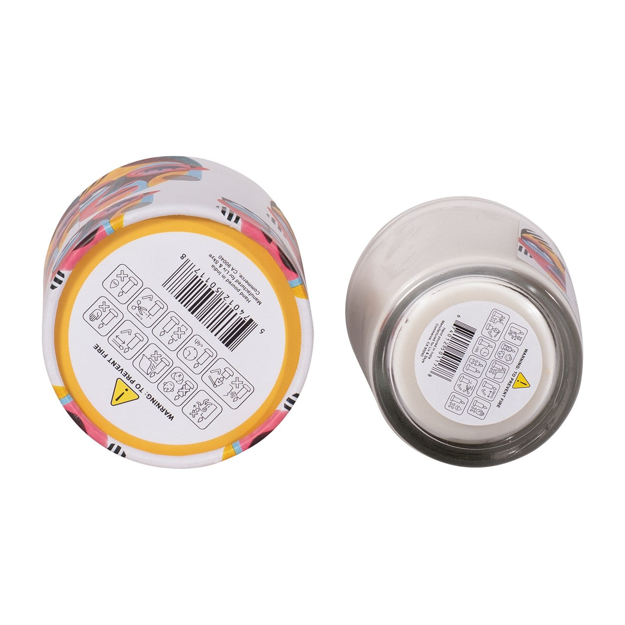 Two mugs upside down displaying bottom labels.