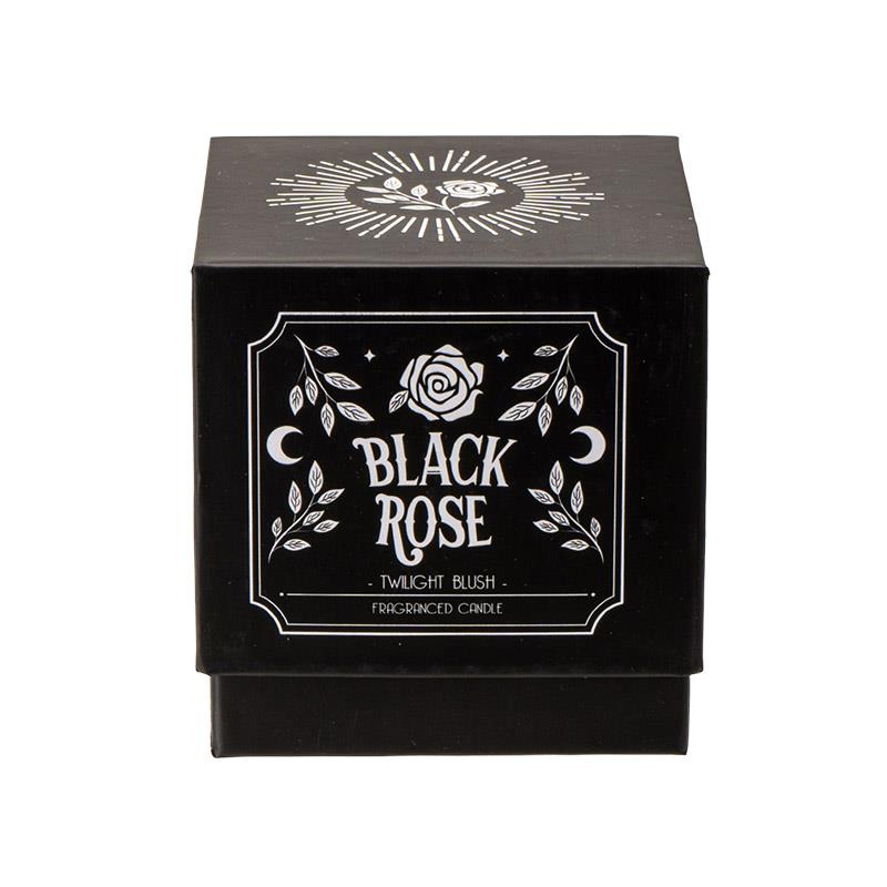Black candle box with "Black Rose" and floral design.