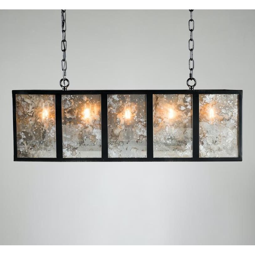 Industrial rectangular pendant light with five vintage-style bulbs.