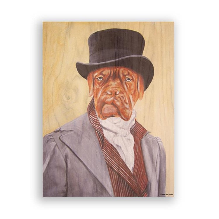 Dog in Victorian attire with a top hat, looking dignified.