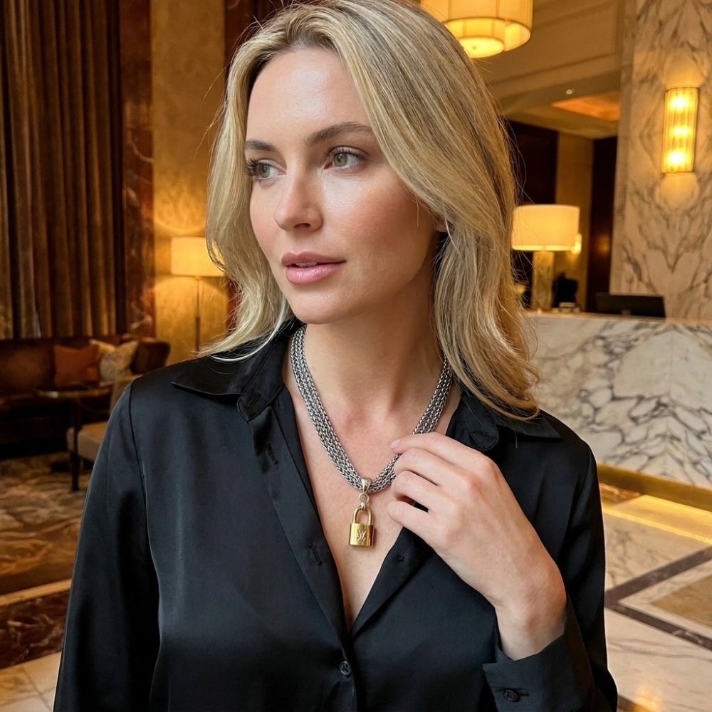 A blonde woman in a black blouse wears layered silver chains and a gold padlock pendant.