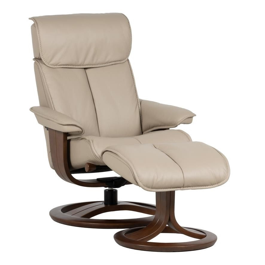 Beige recliner chair with wooden base.