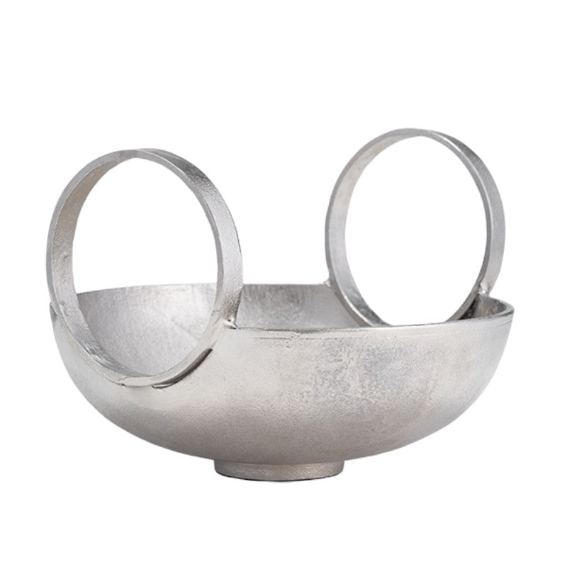 Silver bowl with two large circular handles.