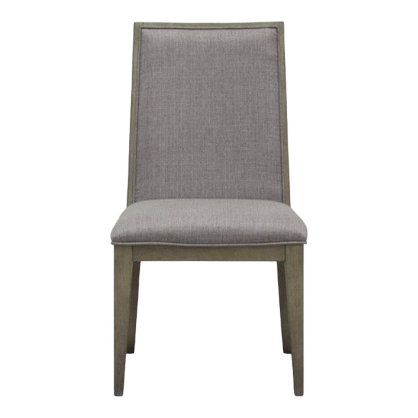 Gray upholstered chair with wooden frame, front view.