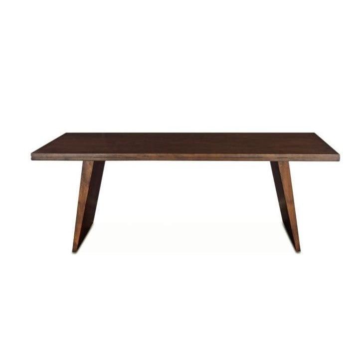 Wooden table with angled legs and a flat top.