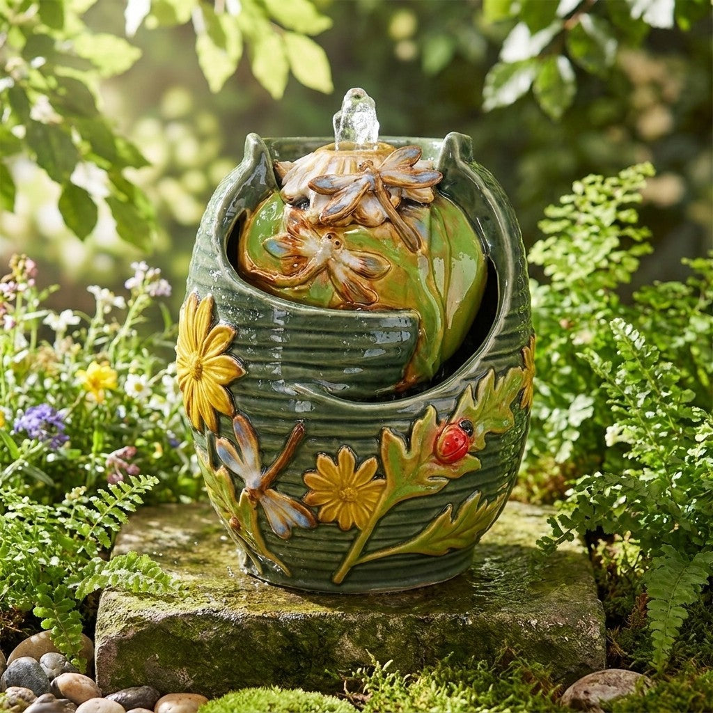 Decorative ceramic fountain with flowers and dragonflies in a garden setting.