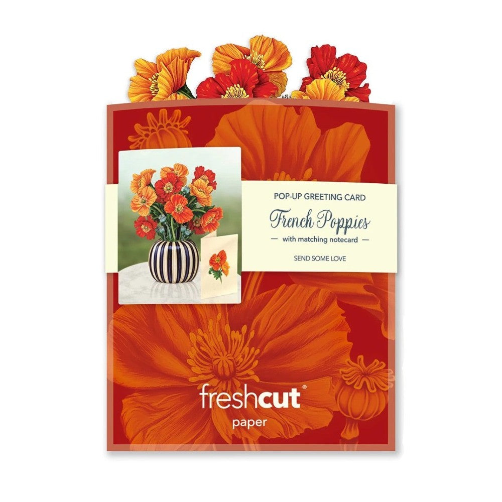 Vibrant poppy-themed pop-up greeting card with matching notecard.