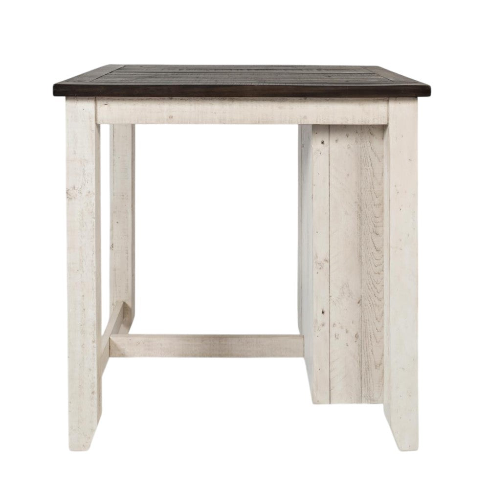 Wooden table with a dark top and light, rustic legs.