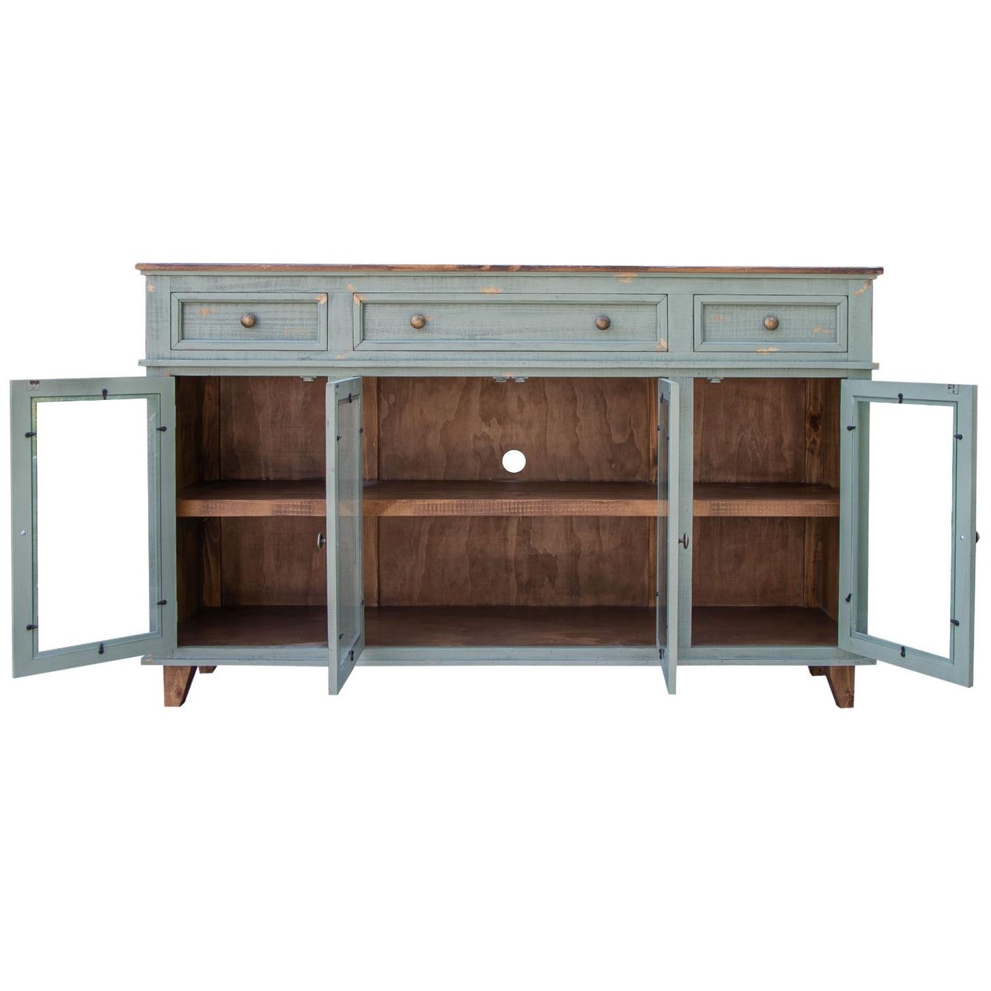 Blue wooden sideboard with open cabinets and drawers.