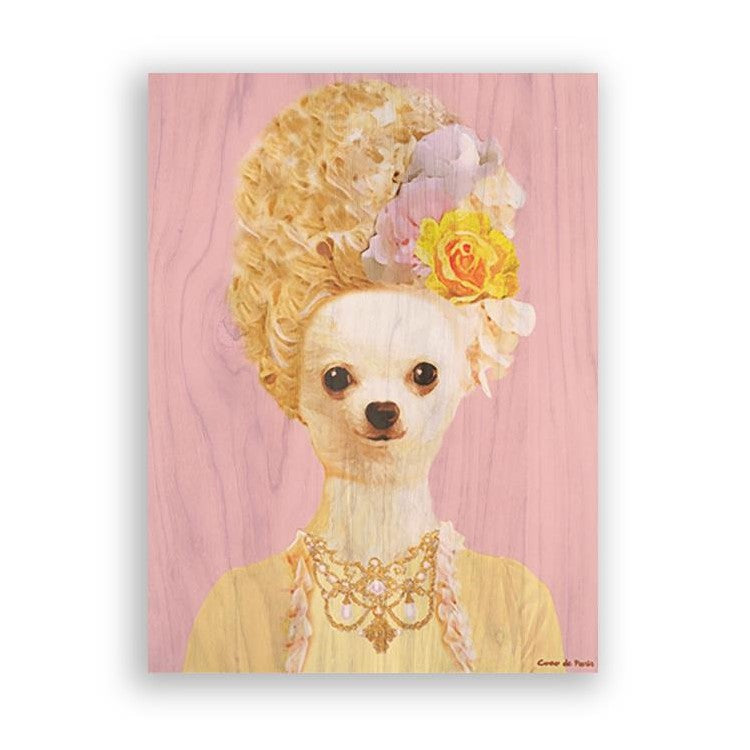 Poodle in vintage attire with elaborate hairstyle and floral accessories.