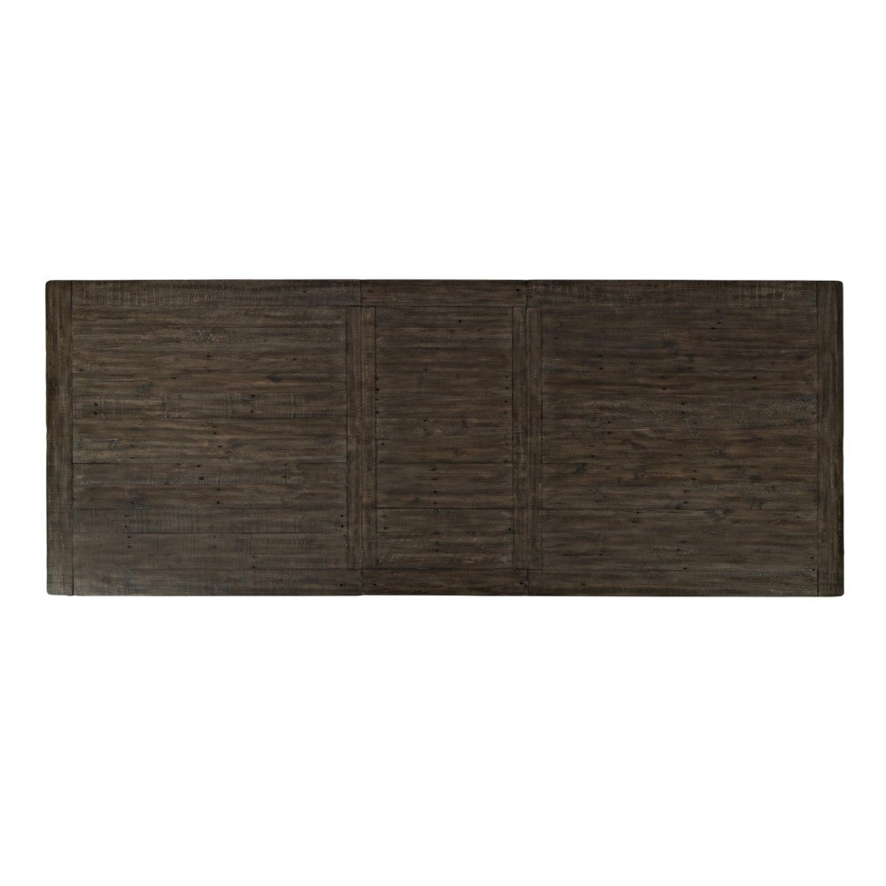 Dark wooden table top view, rectangular and textured surface.