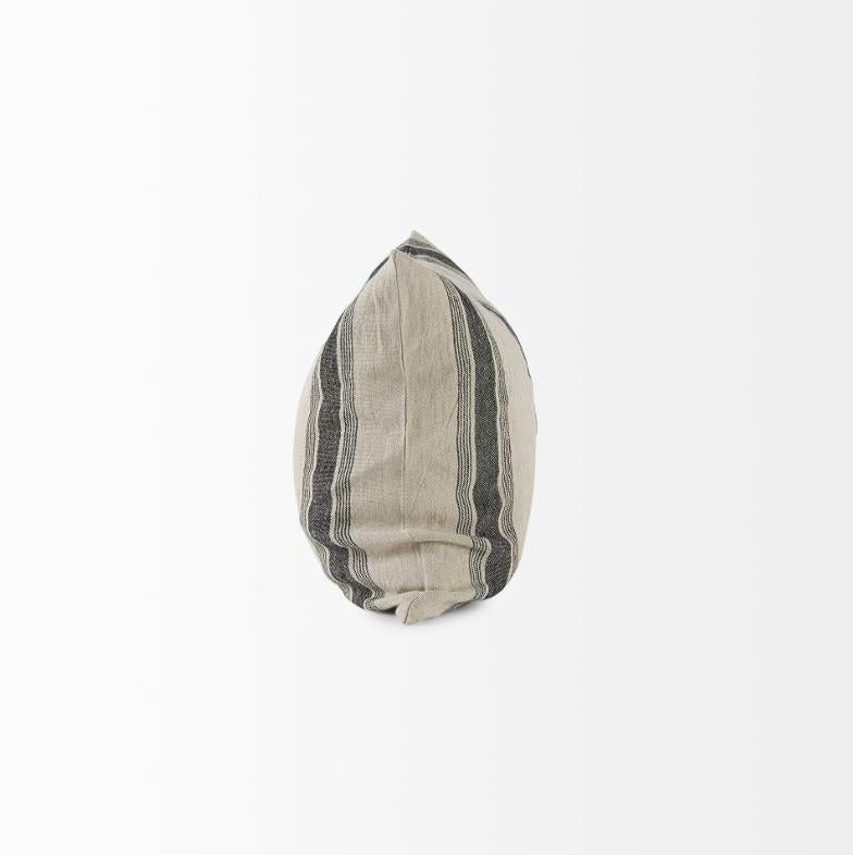 Striped, fabric-covered, oval object against a white background.