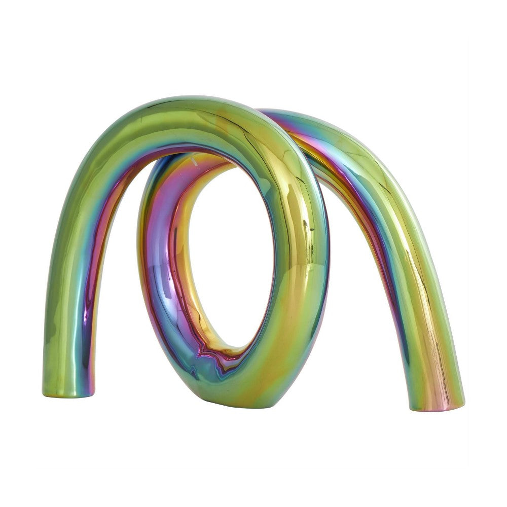 Colorful twisted sculpture with a shiny, iridescent surface.
