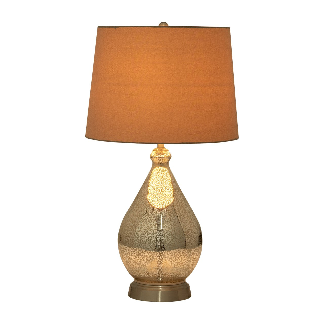 Table lamp with a brown shade and metallic, crackled base.