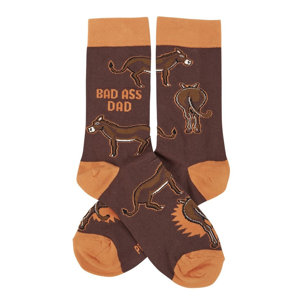 Brown socks with donkey designs and "Bad Ass Dad" text.