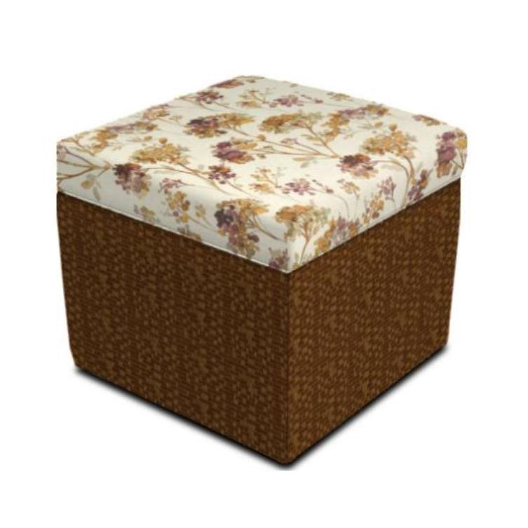 Floral-cushioned brown wicker ottoman cube.
