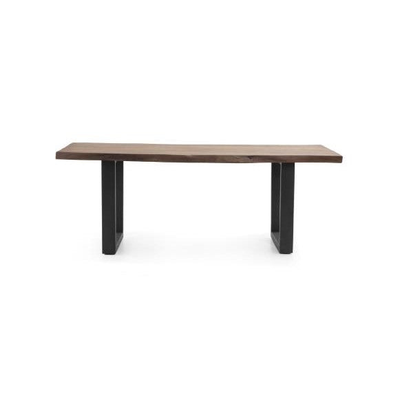 Wooden bench with black metal legs on a white background.